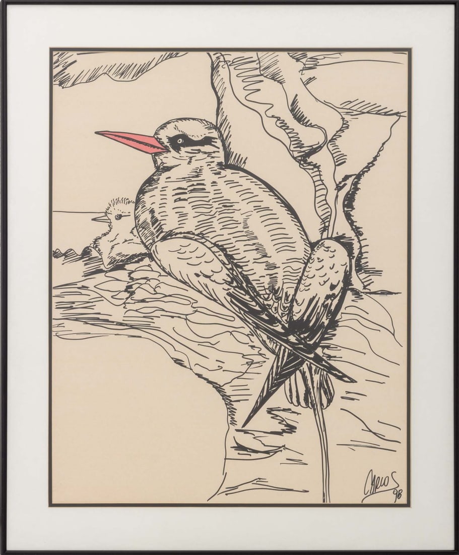 Signed Kingfisher Bird Mixed Media, 1998: Contemporary School, Kingfisher Bird, Marker and Watercolor on Paper, 1998, signed "Carlos" and dated lower right, black frame. Image: 26.75" H x 21" W; frame: 33.5" H x 27.5" W x 1" D. Provenance: Fr