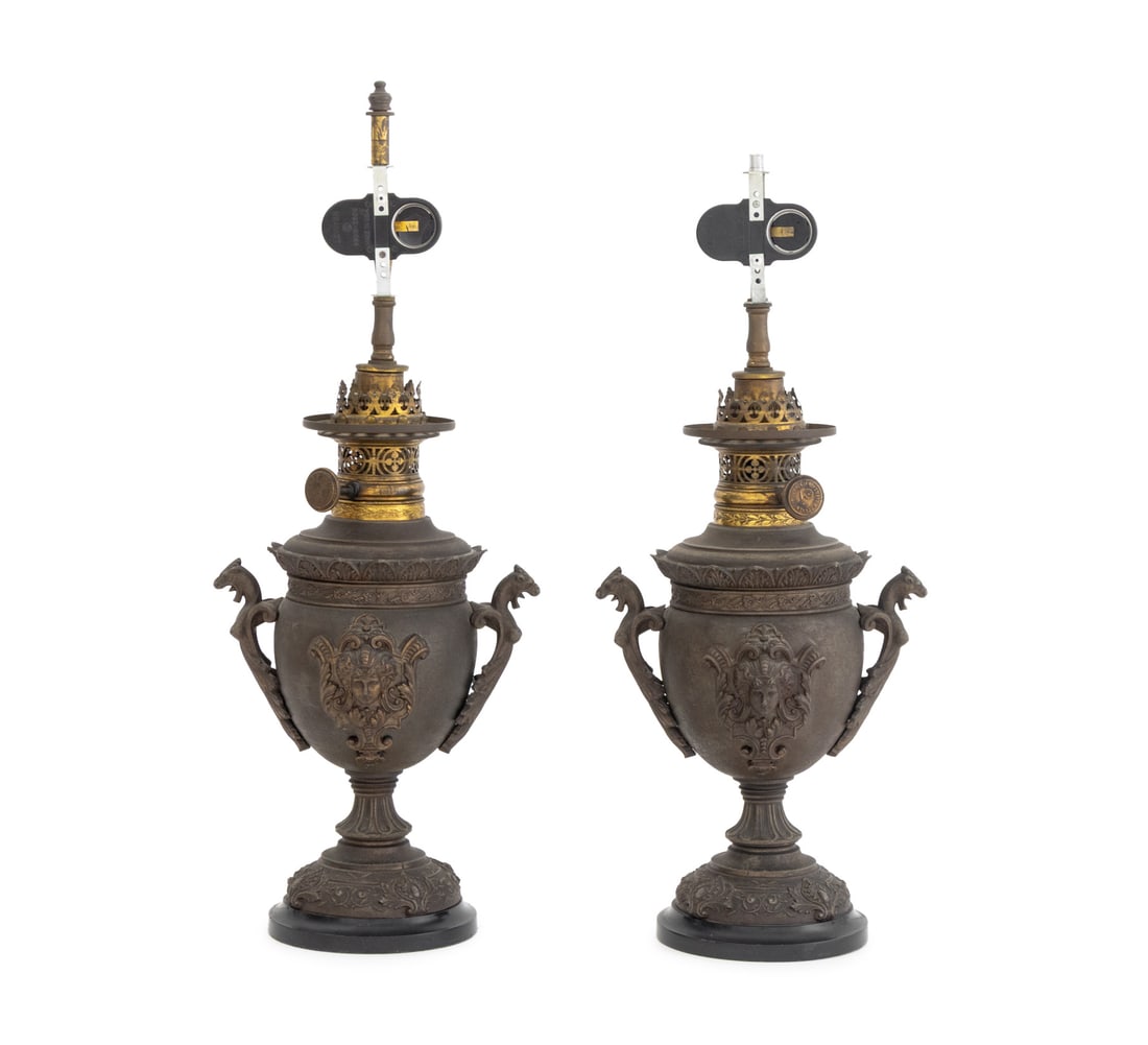 Neoclassical Two Handle Urn Spelter Lamps, Pair (1 of 11)
