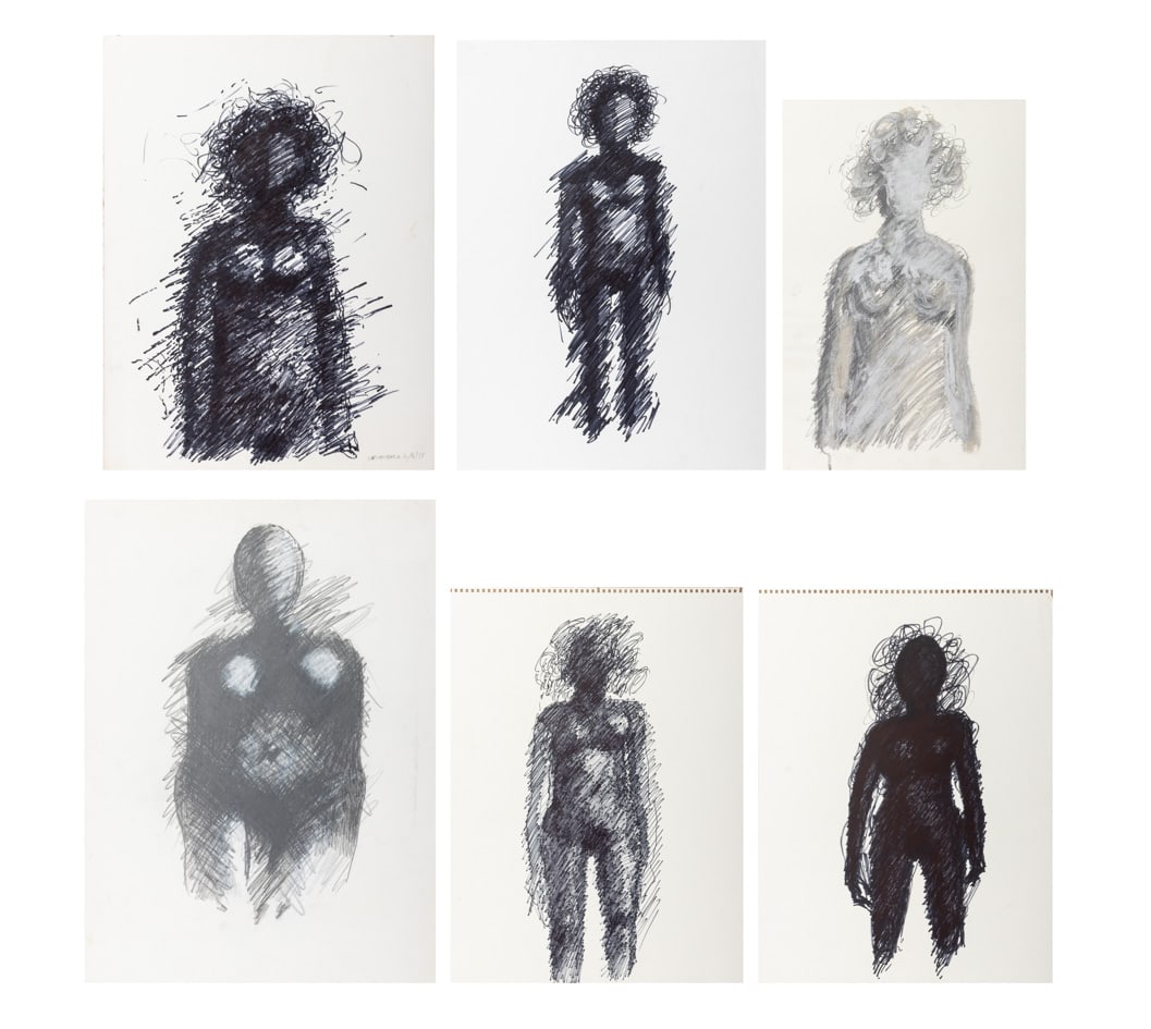 Domenick Capobianco Abstract Figures Ink, 6: Domenick Capobianco (American, b. 1928), Group of Six Abstract Figure Compositions, Ink and Graphite on Paper, one signed lower right and dated "06/16/2013", unframed. Largest: 30" H x 22.25" W. Prove