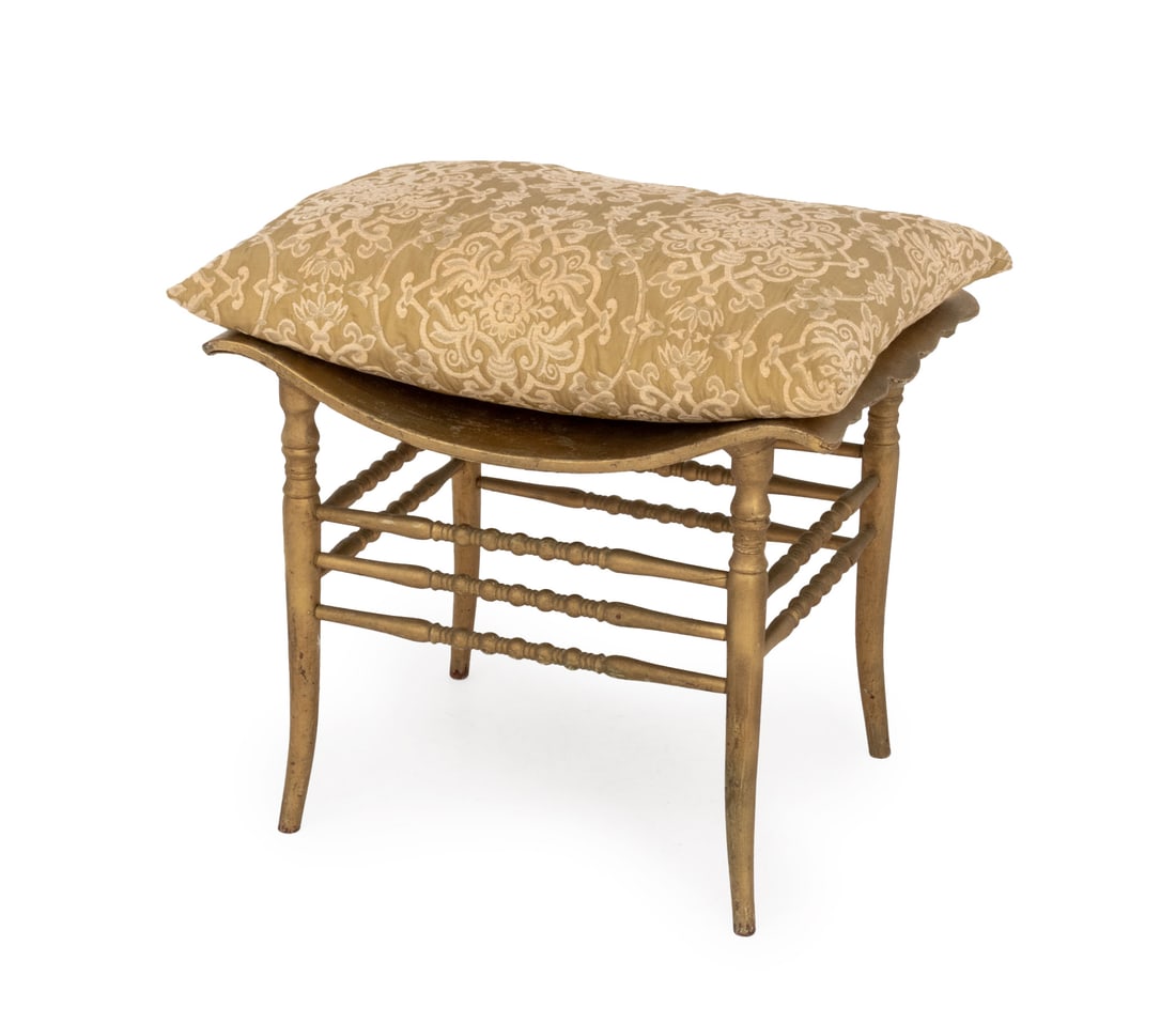 Victorian Style Giltwood Window Seat: Victorian Style Giltwood Window Seat, with turned wood supports and green and cream upholstered cushion. Overall: 22" H x 21.25" W x 15.5" D. Provenance: From a New York City Collection. Keywords: Vin