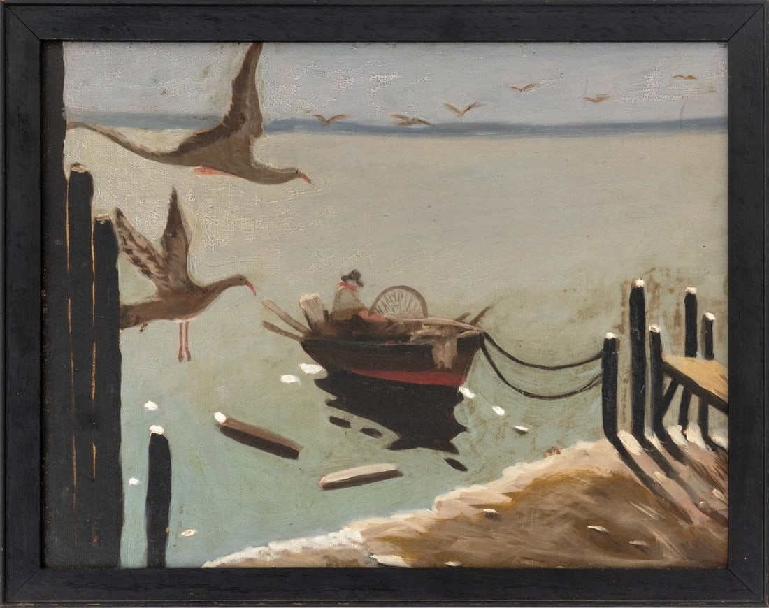 American Naive School Fisherman at Dock Oil: American Naive School, Fisherman at Dock, Oil on Canvas Panel, apparently unsigned, ebonized wood frame. Image: 13.5" H x 17.5" W; frame: 15.5" H x 19.5" W x 1" D. Provenance: From a New York City Col