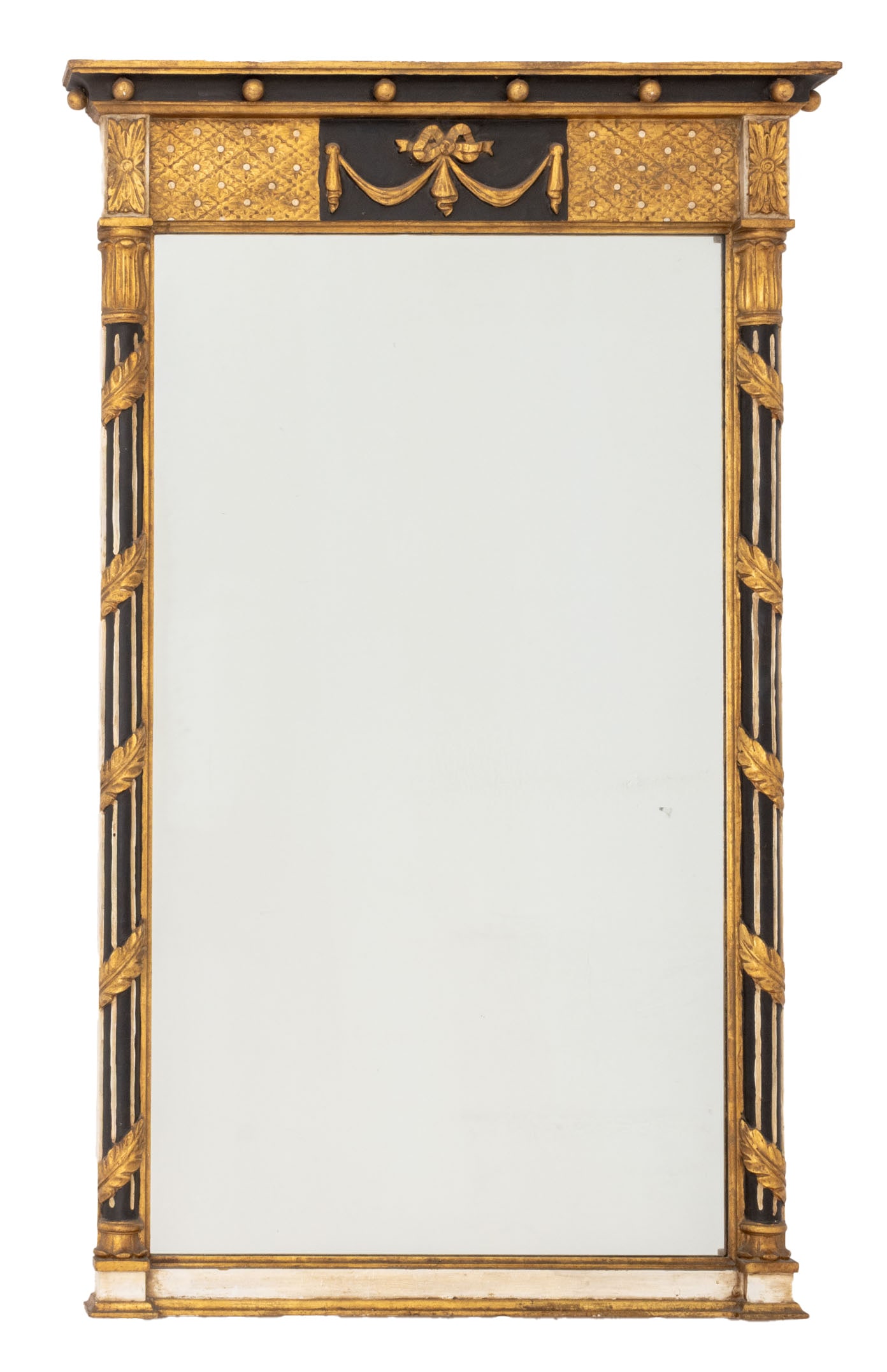 Neoclassical Style Ebonized and Giltwood Mirror: Italian Neoclassical Style Ebonized and Giltwood Mirror, with garland and swag motif. Mirror plate: 41.5" H x 23.25" W; frame: 50" H x 31" W x 3.25" D. Provenance: From a Central Park South Estate. Ke
