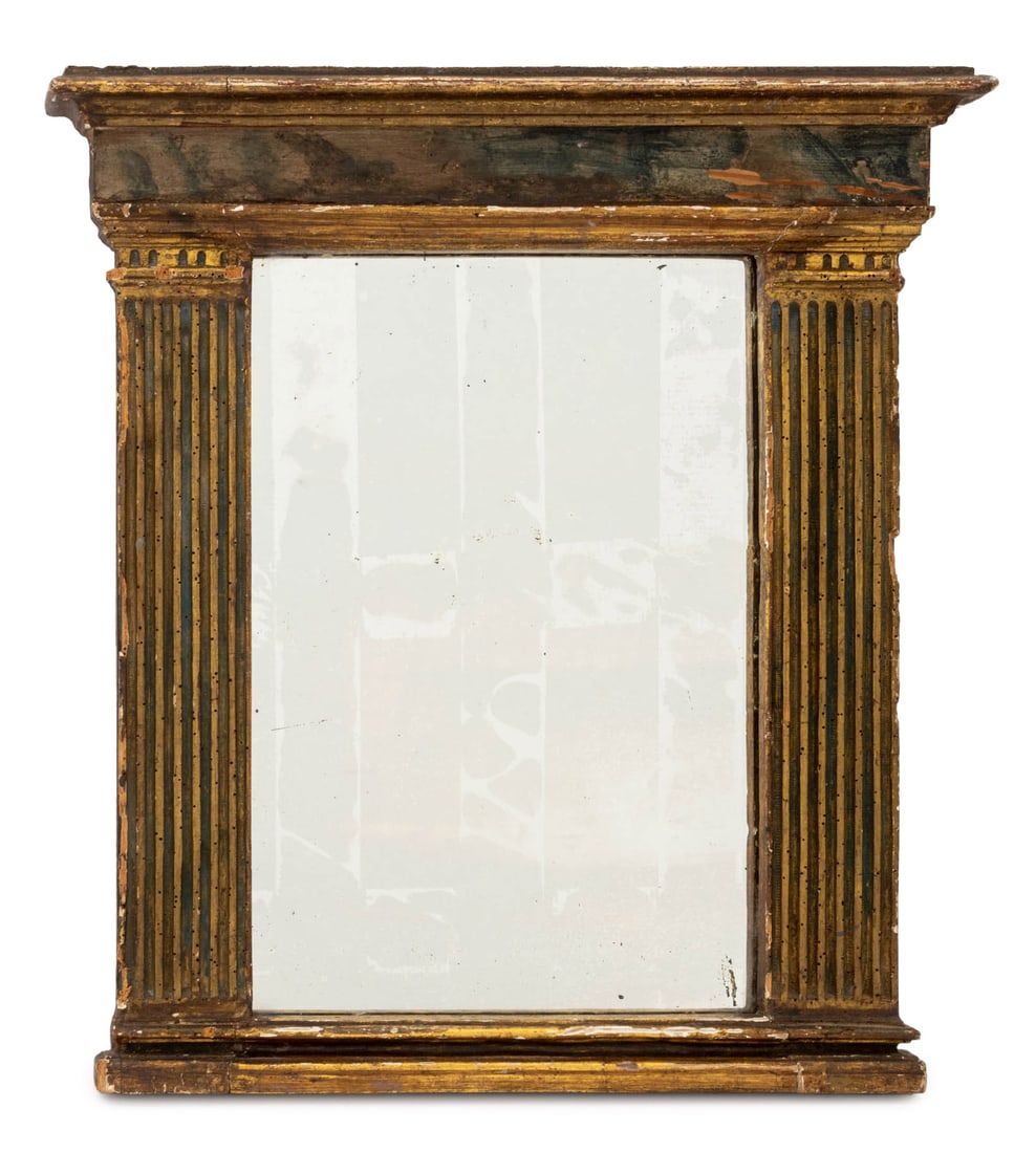 Neoclassical Giltwood Framed Mirror, 19th C.: Neoclassical Giltwood Framed Mirror, early 19th century, the glass flanked by two fluted columns. Mirror plate: 17.75" H x 11.75" W; frame: 23.75" H x 21.25" W x 3" D. Provenance: A Central Park West 