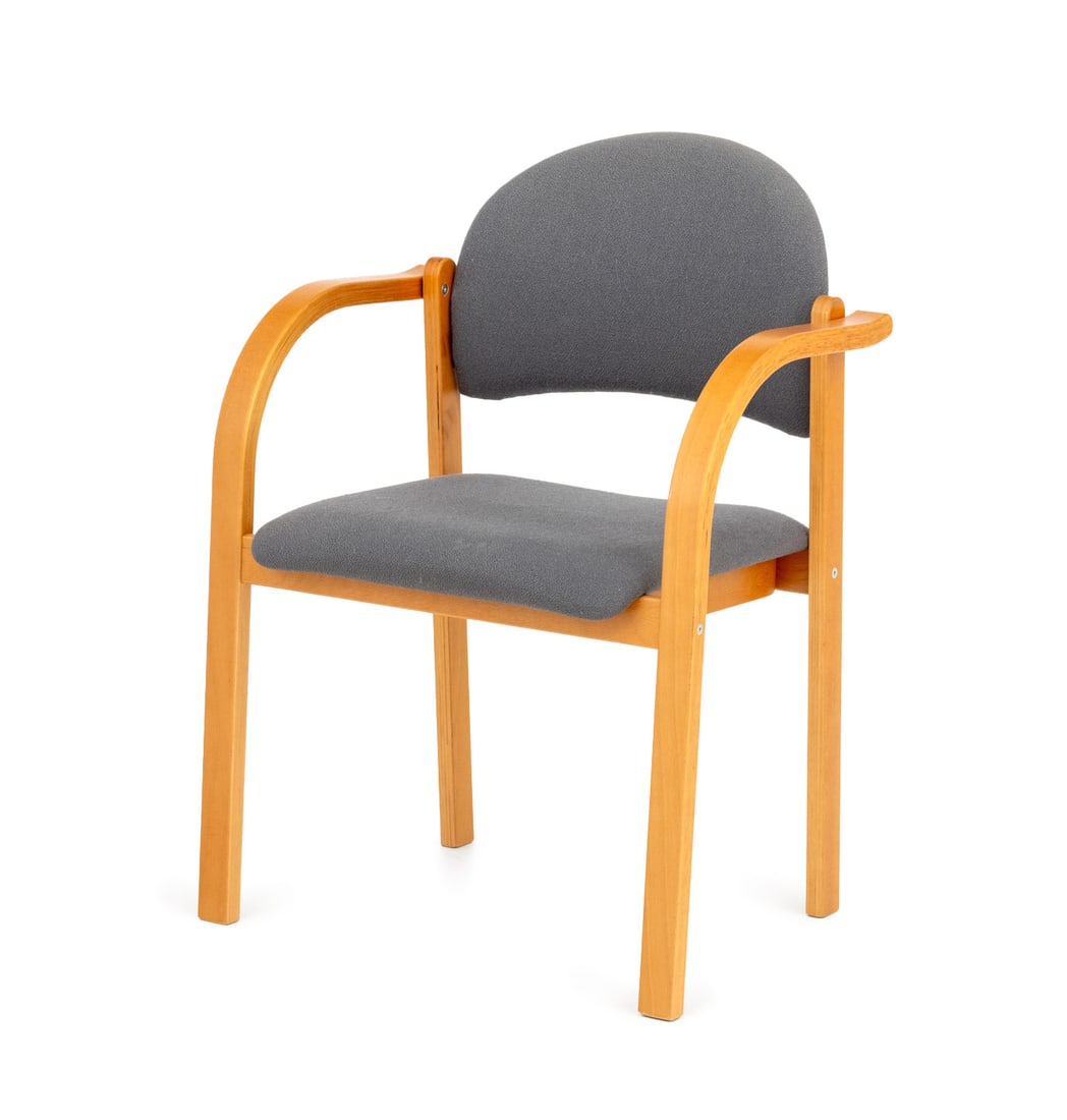 Scandinavian Modern Beech Armchair: Scandinavian Modern Beech Arm Chair, with gray upholstery, "Ikea" label to underside. 31.5" H x 25" W x 17" D; seat: 17.5" H. Provenance: From a Long Island, New York Estate. Keywords: Modern Furnitur