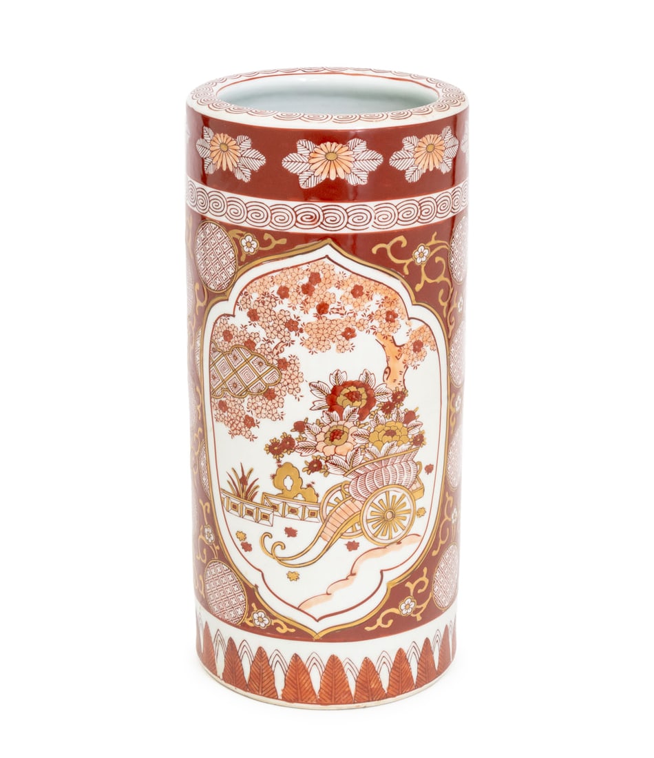 Japanese Gilt & Iron Red Glazed Hat Stand: Japanese Gilt and Iron Red Glazed Porcelain Hat Stand, hand-painted with floral and geometric vignettes, marked "Gold Imari / Handpainted" to underside. 15.75" H x 7.25" Diameter. Provenance: From a W