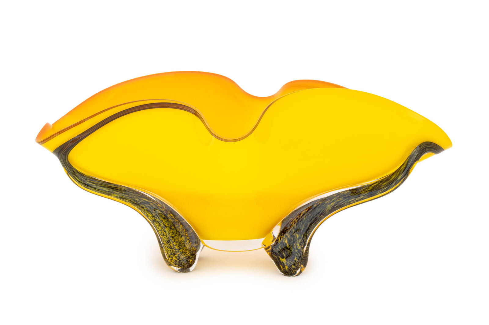 Ed Branson "Yellow Ember" Glass Bowl, 2002: Ed Branson (American, b. 1957) "Tropical Bowl - Yellow Ember" Glass Centerpiece, 2002, signed and dated to underside. 9.75" H x 21.25" W x 16.5" D. Provenance: From a Warren, New Jersey Collection. Ke