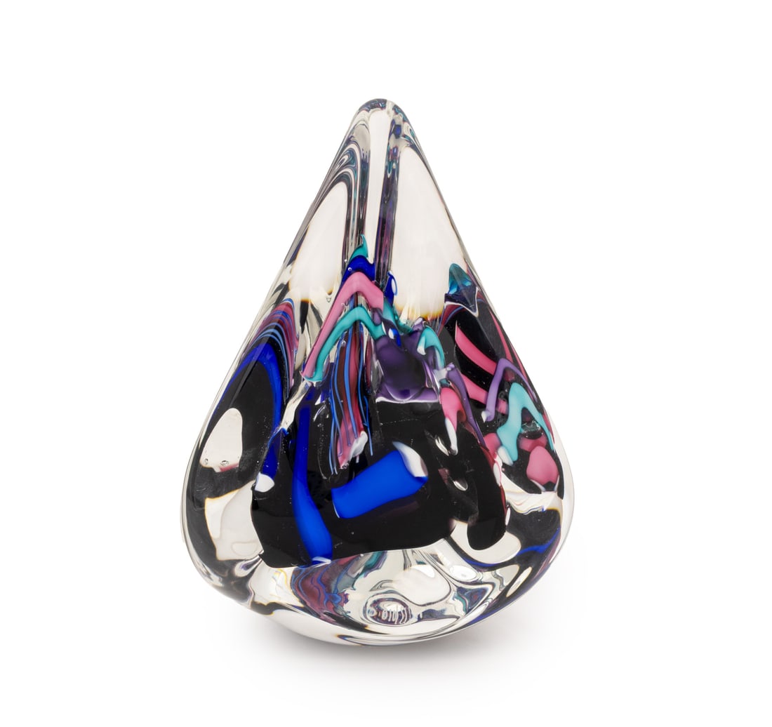 Michael Schmidt & Sonia Rhea Art Glass Sculpture: Michael Schmidt and Sonia Shea Art Glass Sculpture, 1995, abstract pyramidal form with encased polychrome glass swirls, signed and dated "Schmidt/Rhea '95" to underside. 8.25" H x 5.5" W x 5.5" D. Pro