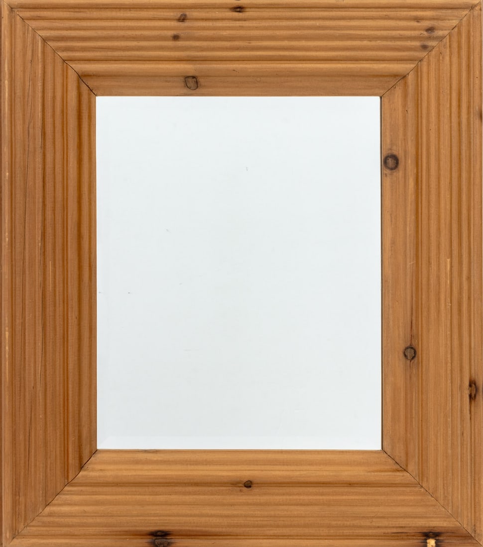 Contemporary Molded Pine Framed Beveled Mirror: Contemporary Molded Pine Wood Framed Beveled Glass Mirror. Mirror plate: 17.5" H x 21.5" W; frame: 31" H x 35" W x 2" D. Provenance: From a Westchester County Estate. Keywords: Looking glass, Vanity, 