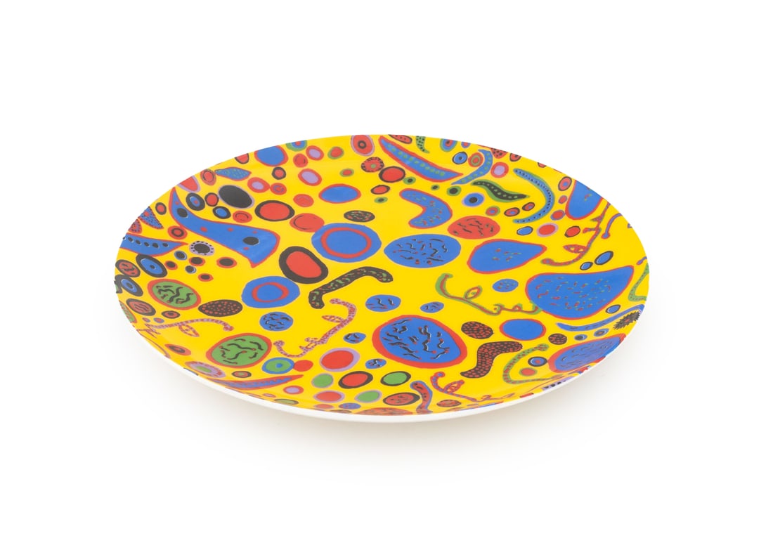 Yayoi Kusama "Love was Infinitely Shining" Plate: Yayoi Kusama (Japanese, b. 1929) "Love was Infinitely Shining" Ceramic Plate, 2010, marked "Third Drawer Down Studio / 'Love was Infinitely Shining', 2010 / Acrylic on canvas. 194x194cm / (c) Yayoi Ku