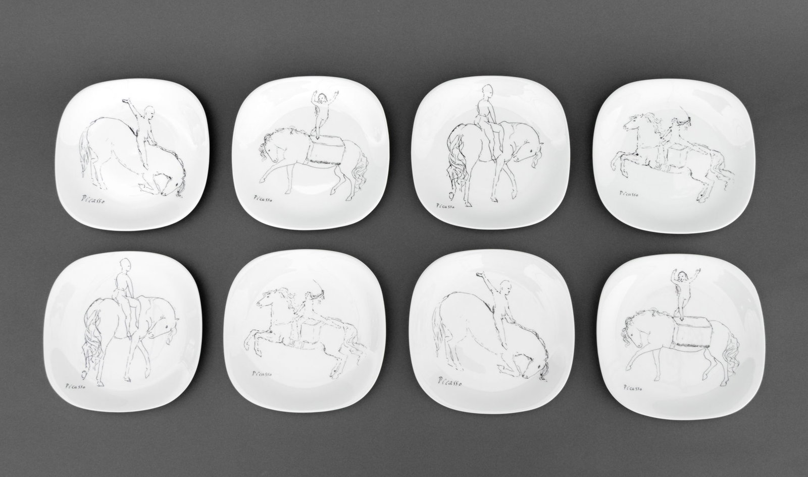 Block Ceramic Picasso Equestrian Plates, 8: Set of Eight Block Ceramic Picasso Equestrian Plates, marked "Block / Langenthal / Switzerland / Pablo Picasso Drawing - Paris 1905 / The Cone Collection / The Baltimore Museum of Art" to undersides. 