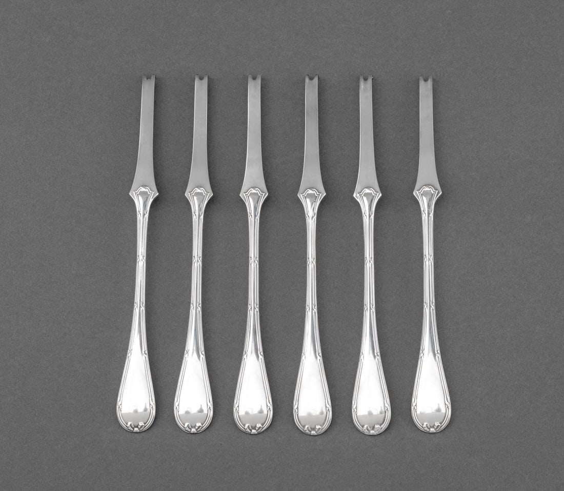 Christofle "Rubans" Silver Plate Lobster Picks, 6: Set of Six Christofle "Rubans" Pattern Silver Plate Lobster Picks, each marked "Christofle / France". 7.25" L x 0.75" W. Provenance: From the Estate of Gerard Stora, Vice President of Wildenstein Gall