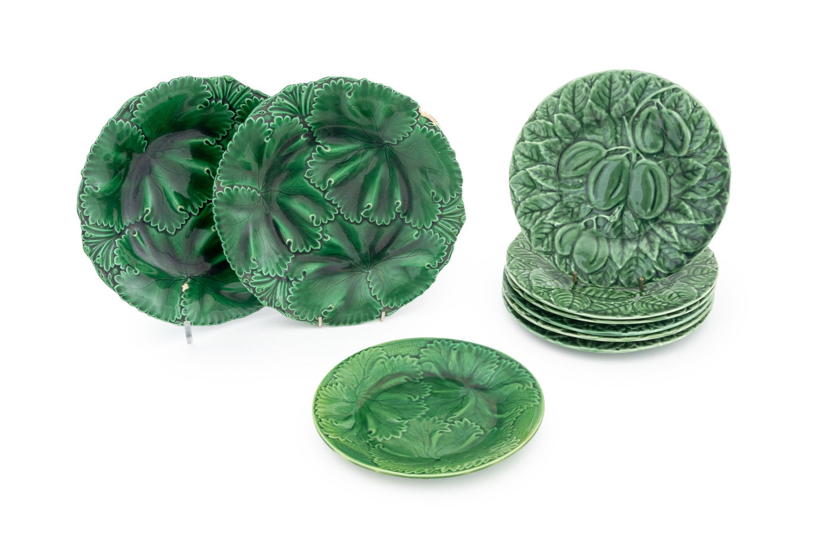 Majolica Leaf Form Ceramic Plates, 9: Collection of Nine Majolica Leaf Form Plates, including two marked "Copeland & Garrett New Fayence" to underside. Largest: 9.25" Diameter. Provenance: From the Estate of Joseph Lawrence Gardella. Keyw
