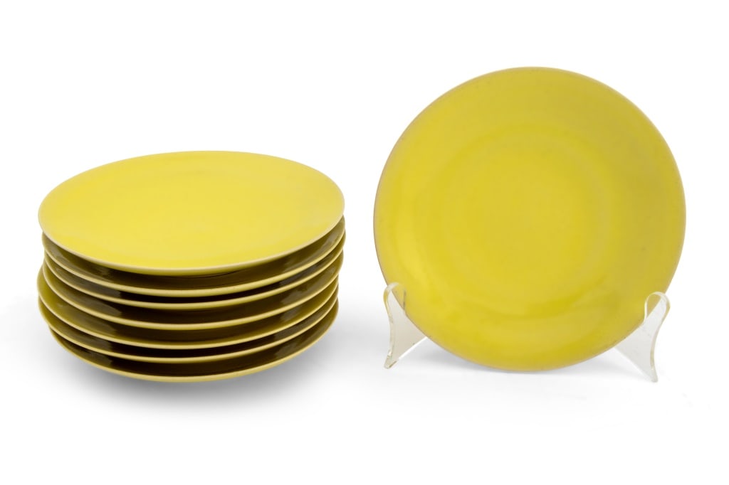 Rupert Spira Yellow Glazed Stoneware Plates, 8: Set of Eight Rupert Spira (English, b. 1960) Yellow Glazed Stoneware Bread and Butter Plates, marked "RS" to the undersides. 6.5" Diameter. Provenance: Property from an Upper East Side Townhouse. Keyw