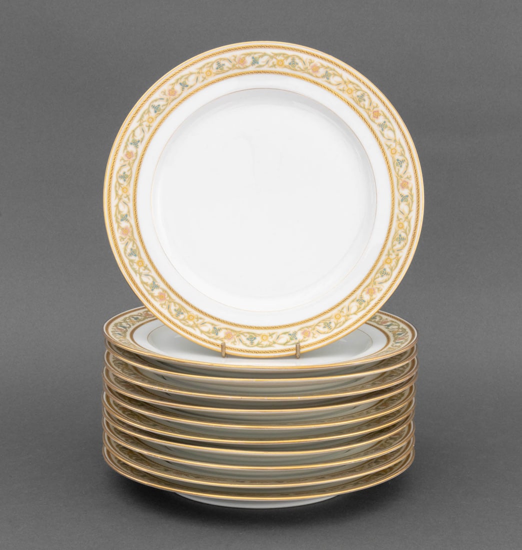 L. Bernardaud & Co. Porcelain Dinner Plates, 11: Set of Eleven L. Bernardaud and Company Porcelain Dinner Plates, all marked "B&Co. / France / L. Bernardaud & Co. / Limoges" to undersides. 10.5" Diameter x 1.25" H. Provenance: From a 390 West End Av