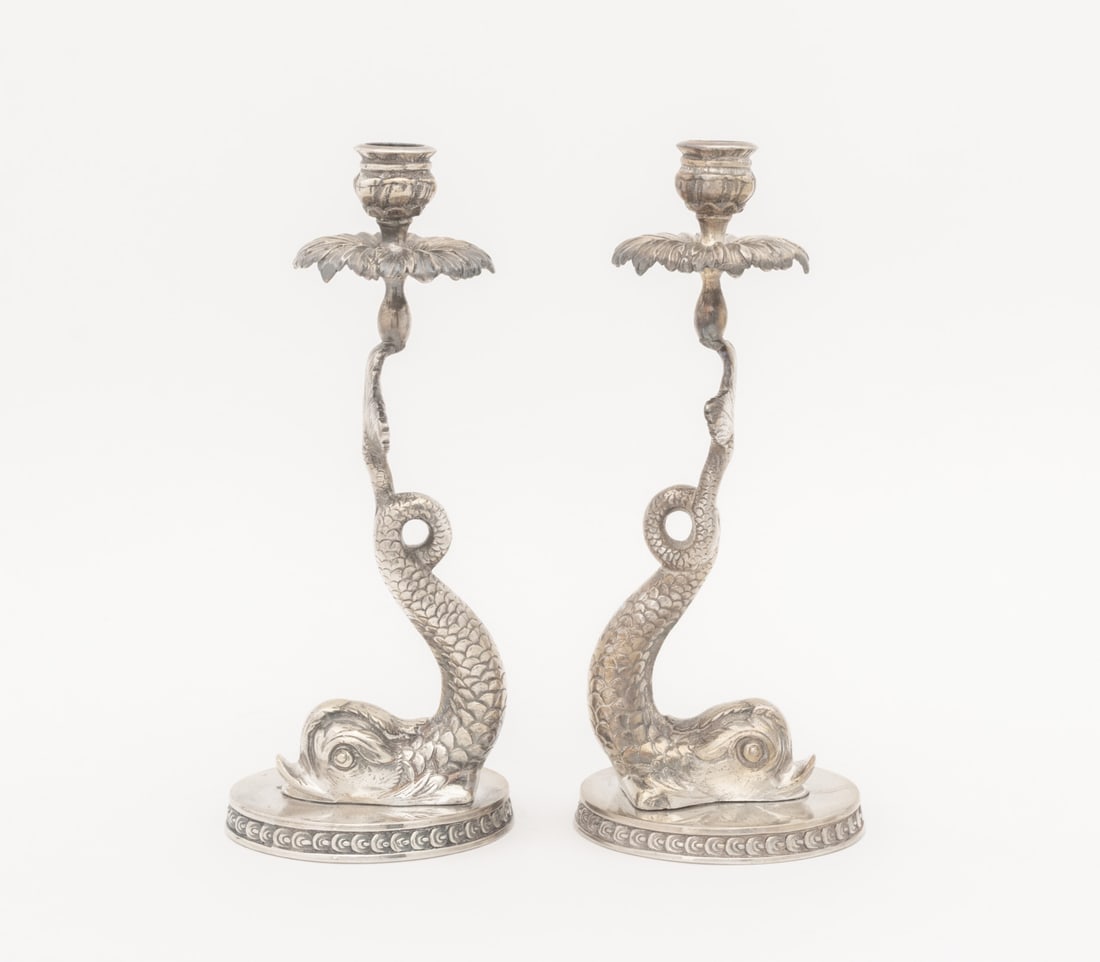 Baroque Style Dolphin Form Candlesticks, Pair - 2