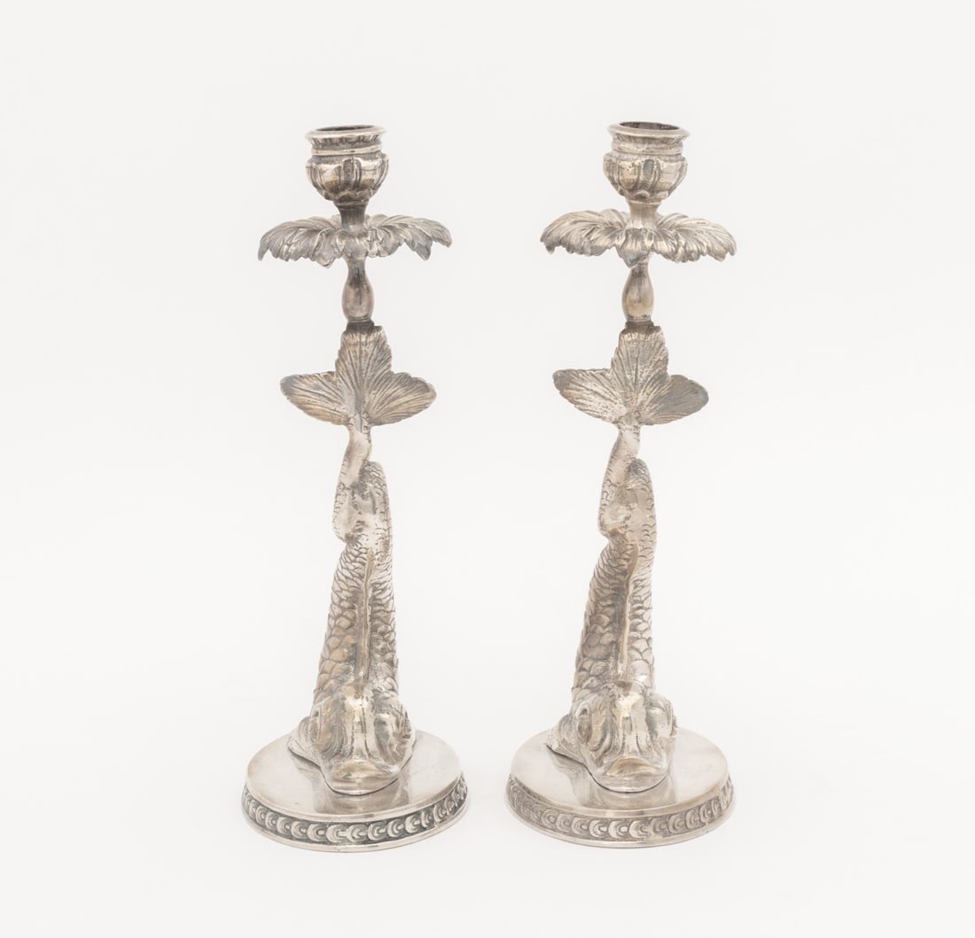 Baroque Style Dolphin Form Candlesticks, Pair - 3