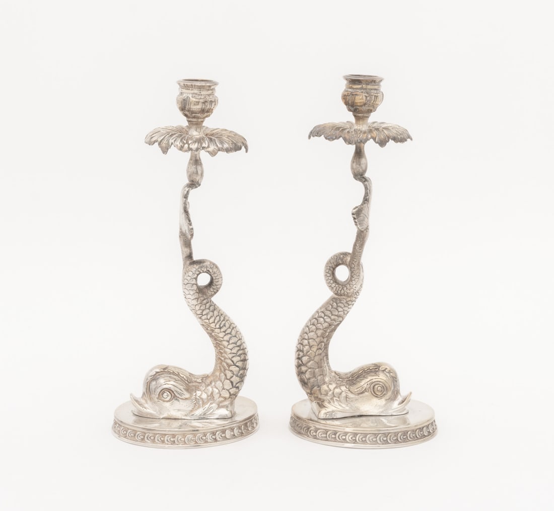 Baroque Style Dolphin Form Candlesticks, Pair - 2
