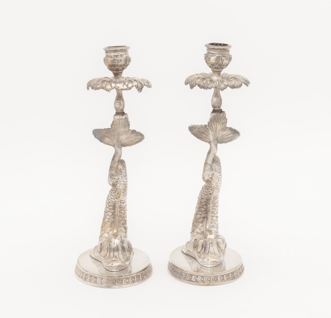 Baroque Style Dolphin Form Candlesticks, Pair - 3