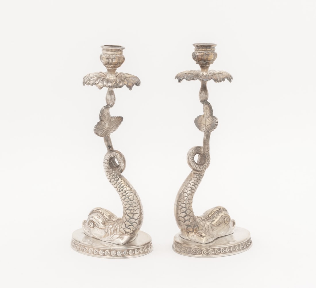 Baroque Style Dolphin Form Candlesticks, Pair - 4