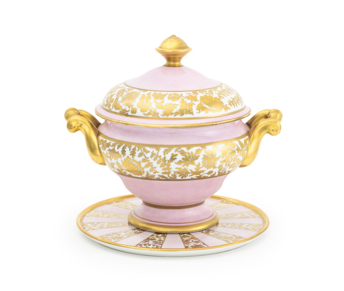 Limoges Porcelain Covered Soup Tureen & Plate: Limoges Porcelain Covered Soup Tureen and Circular Underplate, gilt floral bands, handles and knop, numbered "1464" to interior lid. Overall: 11.5" H x 12" W x 10.25" D. Provenance: From a