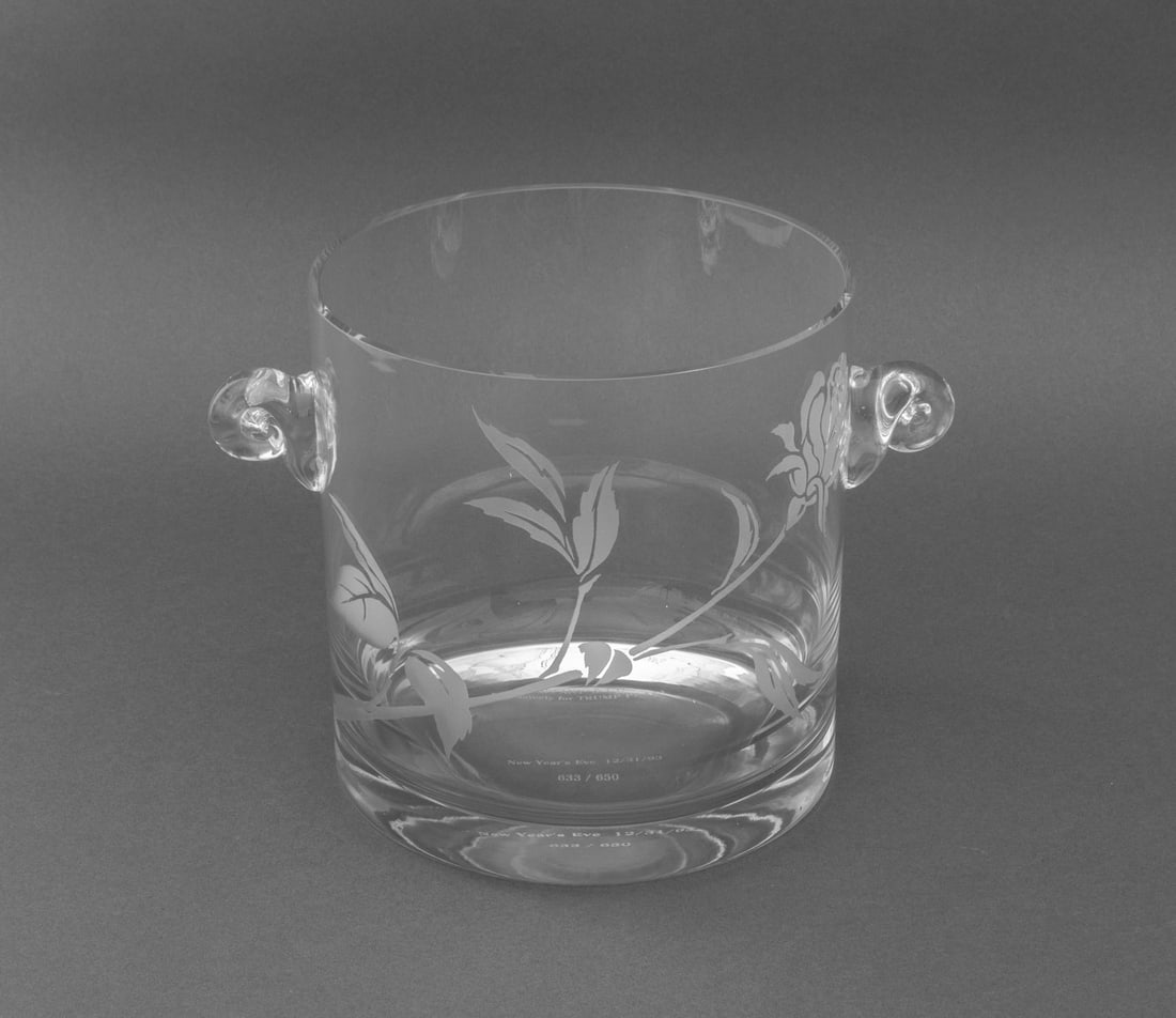 Tiffany & Co. Etched Crystal Ice Bucket: Tiffany and Company Etched Crystal Ice Bucket, with etched blooming rose motif, scrolled handles, marked "TIFFANY & Co. / Exclusively for TRUMP PLAZA / New Year's Eve 12/31/93" and numbered edition