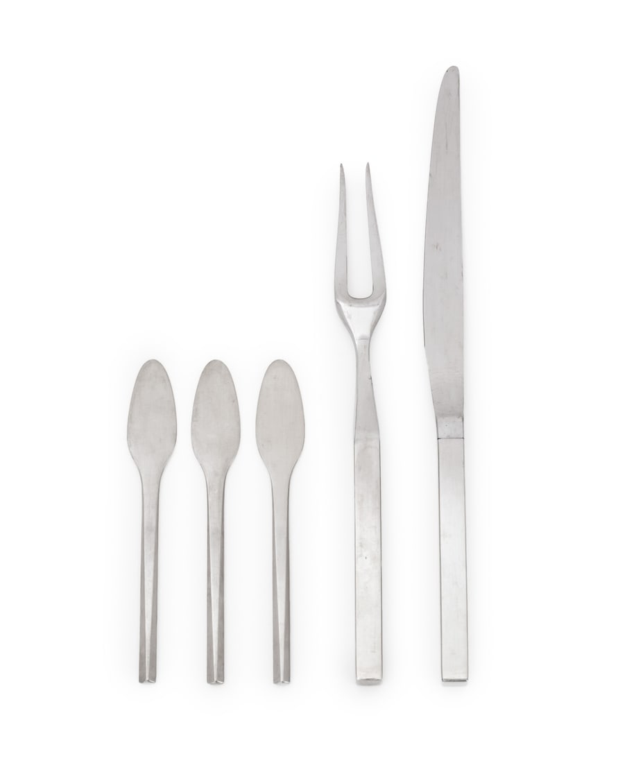Georg Jensen, Etc. Danish Modern Flatware, 5 Pcs.: Five Danish Modern Stainless Steel Flatware Pieces, comprising: three (3) butter spreaders marked "Georg Jensen Stainless Denmark" reverse, and one (1) two-tine meat serving fork and one (1) carving k