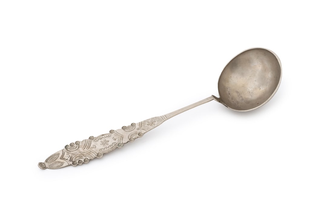 Mexican Metal Ladle, 18th C.: Mexican Metal Ladle, 18th century, with incised floral and leaf motif to the handle. 14" L x 3.75" Diameter. Provenance: From a New York City Collection. Keywords: Antiques, Serving spoon, Cutlery, Ta