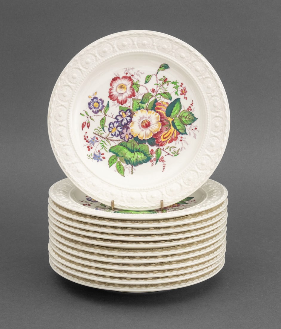 Wedgwood Etruria Ceramic Plates, 12: Set of 12 Wedgwood Etruria "Ullswater" Pattern Ceramic Plates, with embossed floral rim, marked to underside. 9" Diameter. Provenance: The Estate of Alton G. Marshall, former aide to Nelson