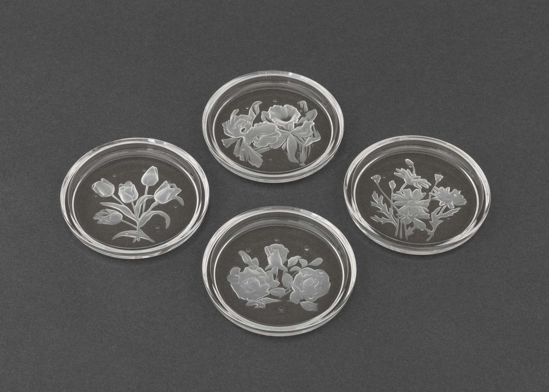 Val St. Lambert Crystal Floral Coaster Set, 4 (1 of 9)