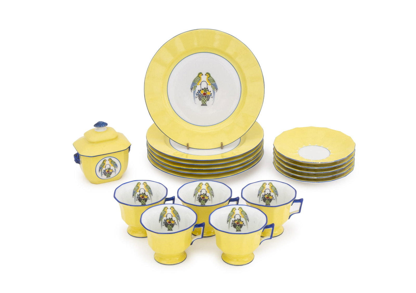 Limoges Porcelain "Les Perroquets" Service for 5: Limoges Porcelain "Les Perroquets" Partial Service for Five, all marked "Limoges France / T V" and comprising: (5) five teacups, (5) five saucers, (1) a covered sugar bowl, and (5) dessert plates. 16