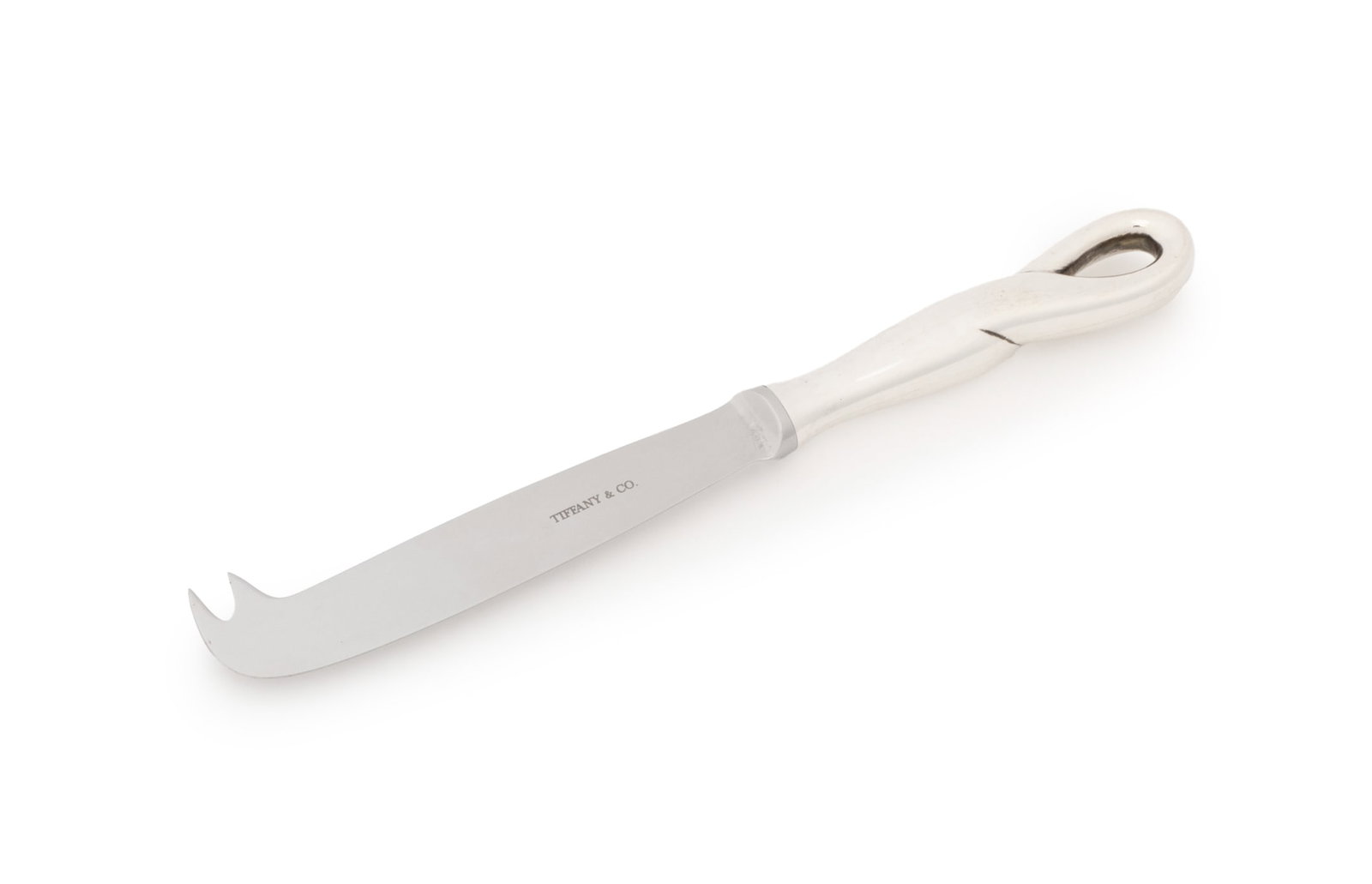 Elsa Peretti x Tiffany & Co. Sterling Cheese Knife: Elsa Peretti for Tiffany and Company Sterling Silver Cheese Knife, with twist handle and stainless steel blade, marked "Tiffany & Co / Elsa Peretti / 925 Italy". Weight approx.: 0.5 ozt. excluding
