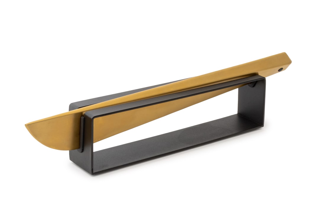 Rabbit Gold-Tone Champagne Saber: Rabbit Gold-Tone Champagne Saber, on black patinated metal fitted stand. Overall: 4" H x 18" W x 2.5" D. Provenance: From an East Village Estate. Keywords: Oenology, Bottle opener, Tableware,