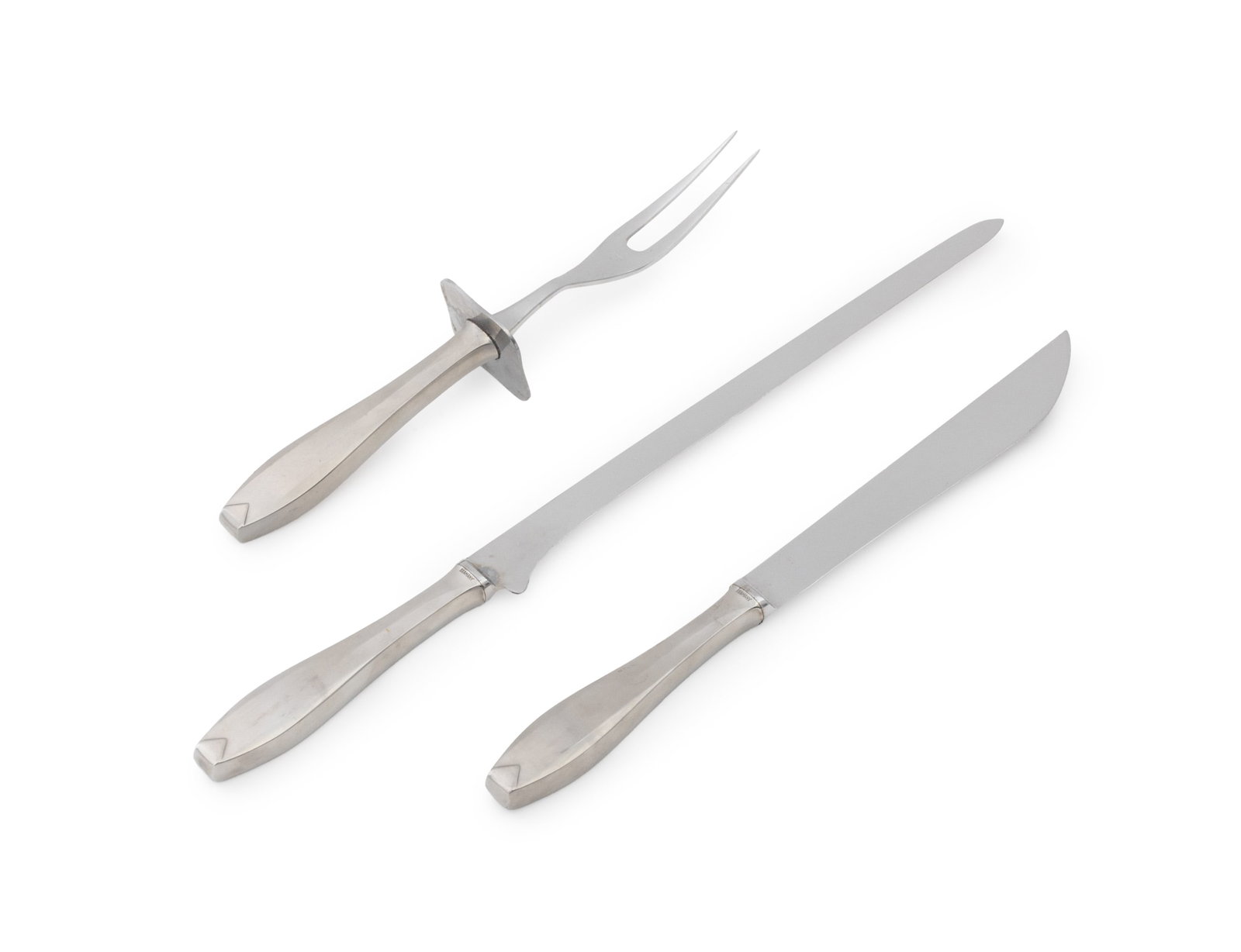 Hoffritz Stainless Steel Carving Set, 3 Pcs.: Hoffritz Stainless Steel Three-Piece Carving Set, comprising: (1) one carving knife, (1) one filet knife, and (1) one meat fork, marked "Hoffritz / N.Y. / Germany / Stainless Steel", with original