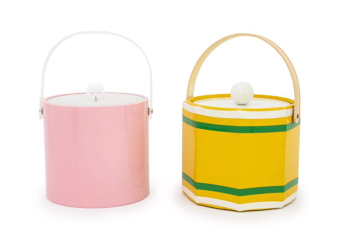 Mid-Century Modern Vinyl Wrapped Ice Buckets, 2: Group of Two Mid-Century Modern Vinyl Wrapped Ice Buckets, one pink with clear acrylic swing handle and lid and one green and white striped on yellow ground with white lid and faux wood swing handle, 