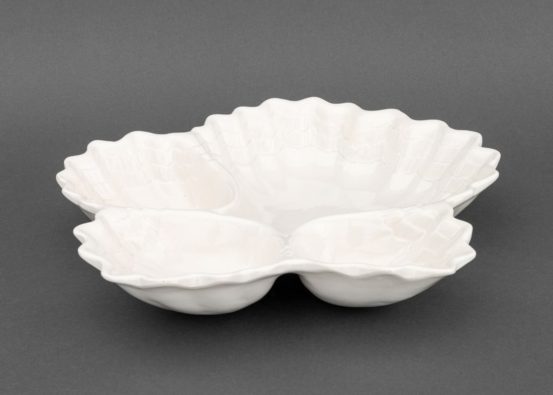 Italian Maiolica Shell Form Divided Serving Tray: Italian Maiolica Shell Form Divided Serving Tray, with larger section and three smaller, impressed "Made / in / Italy" mark to underside. 16.75" L x 15.75" W x 3" H. Provenance: From a Connecticut Est