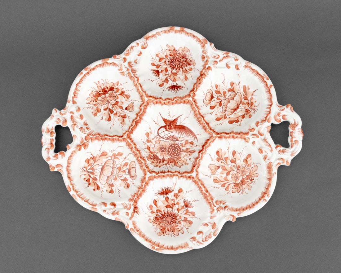 Italian Maiolica Floral Motif Divided Serving Tray: Italian Maiolica Floral Motif Divided Serving Tray, with two handles and six shell form sections encircling a hexagonal, marked "hand painted / made in Italy" to underside. 20" L x 17.5" W x 1" H. Pro