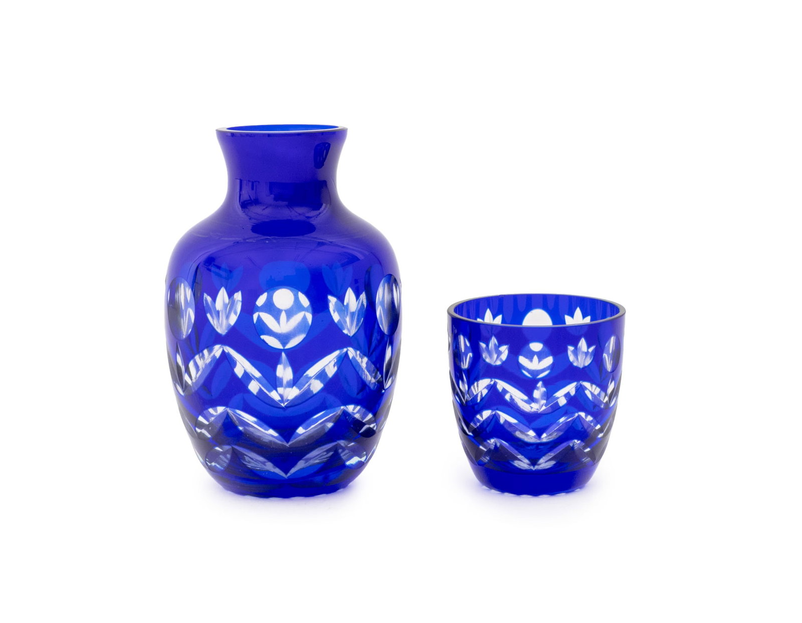 Cobalt Blue Cut to Clear Glass Decanter Set (1 of 10)