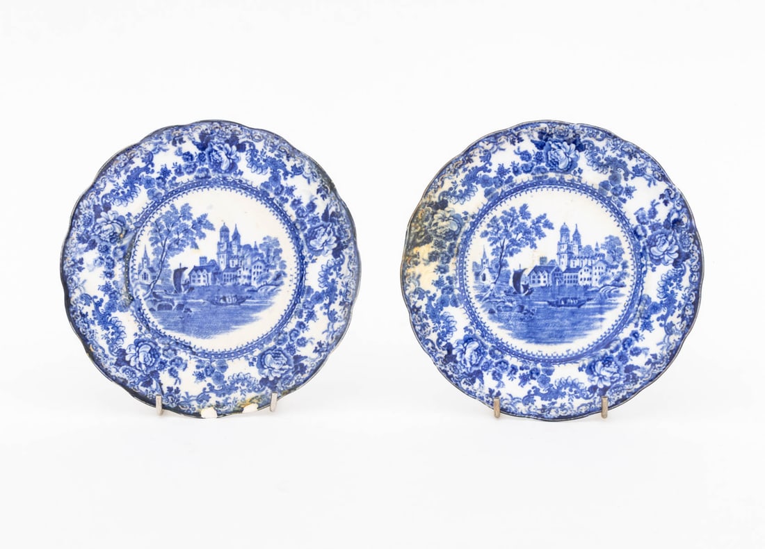 Flow Blue Transferware Plates, 14 - 2