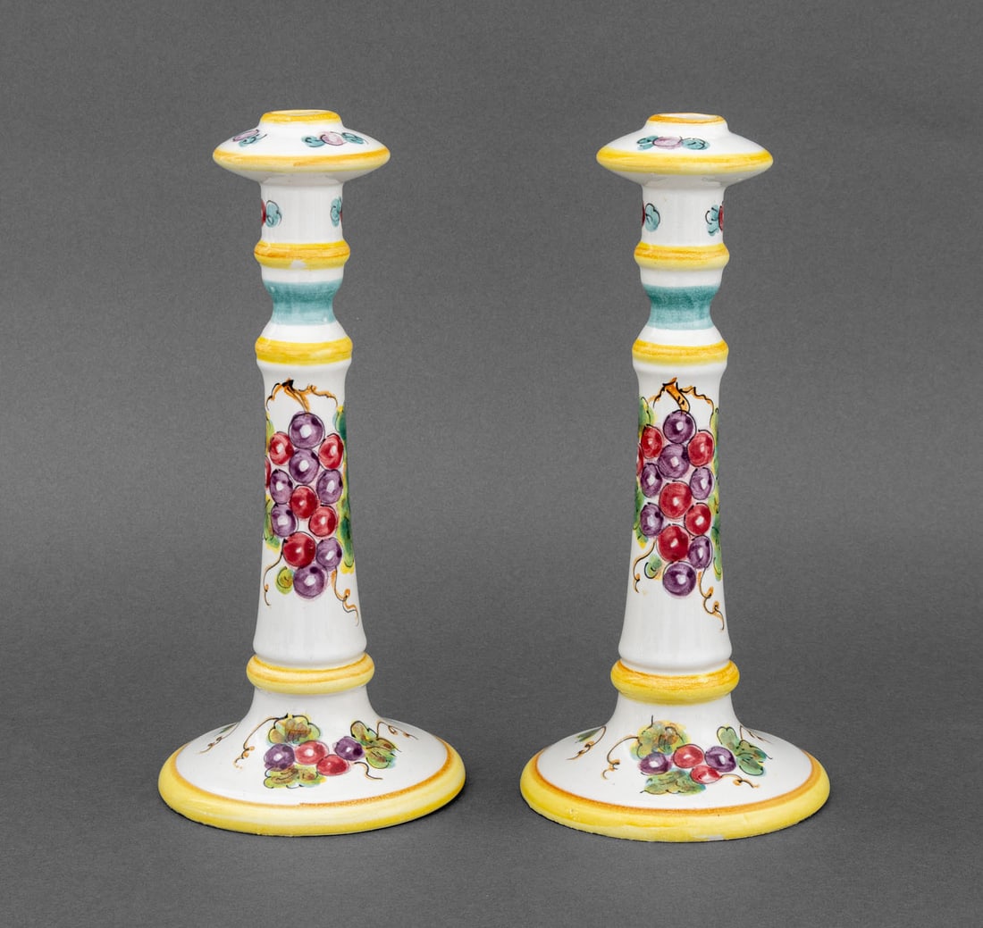 Italian Maiolica Grape Motif Candlesticks, Pair (1 of 9)