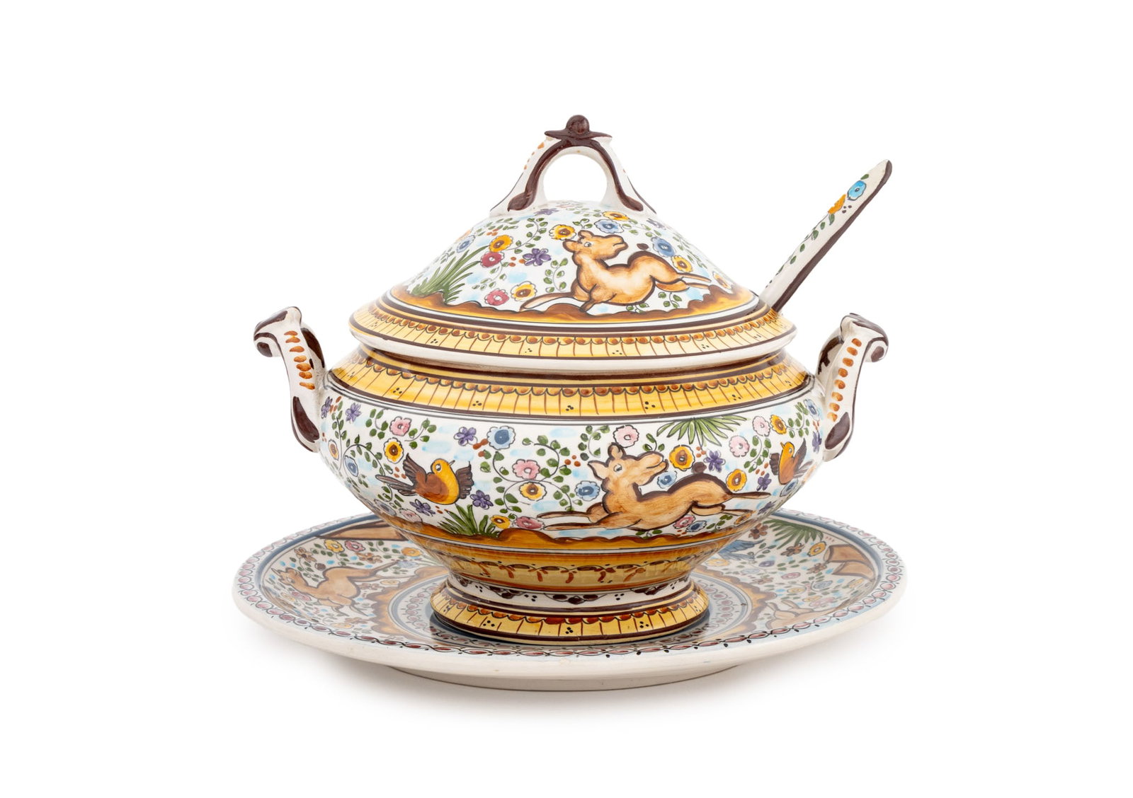 Claudio Hand-Painted Ceramic Soup Tureen: Claudio Hand-Painted Ceramic Covered Soup Tureen, with underplate and ladle, with bird and floral motifs, signed "Claudio / Hand painted / Portugal / Sec. XVII / 10" to underside. Overall: 9.75" H x 1