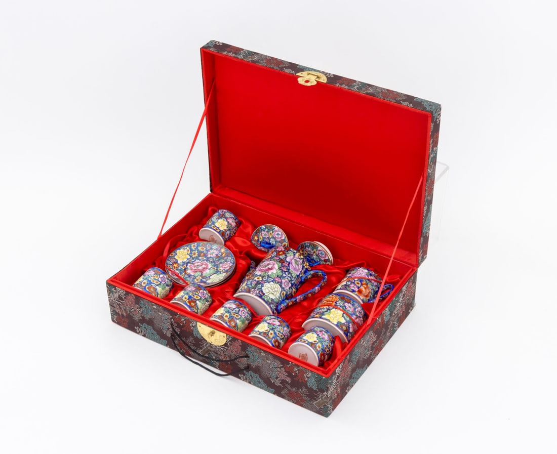 Chinese Millefleur Tea Service for Six in Case: Chinese Millefleur Ceramic Tea Service for Six in Case, each marked "Hand-Painted Decoration / Made in China", case with garden scene painted silk top, comprising: six (6) teacups, six (6) saucers, on