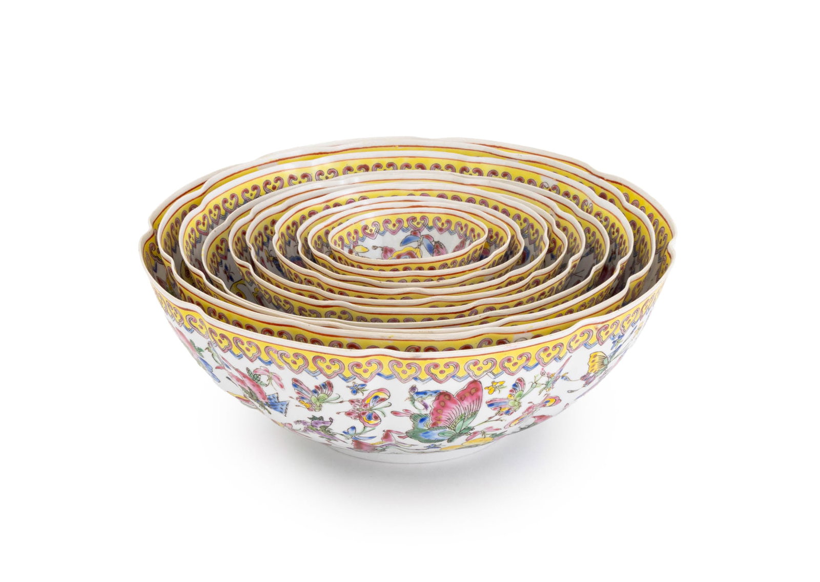 Chinese Famille Rose Eggshell Porcelain Bowls, 10: Set of Ten Chinese Blue and White Eggshell Porcelain Bowls, nesting set with scalloped borders, each hand-enameled with butterfly design and dragon to center, six character marks to undersides. Larges