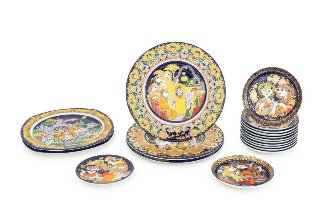 Bjorn Wiinblad for Rosenthal Porcelain Plates, 18: Collection of Eighteen Bjorn Wiinblad for Rosenthal Porcelain Plates, each marked to underside with series, comprising: one (1) Oriental Night edition I, 1976, one (1) Sinbad the Seafarer plate editio