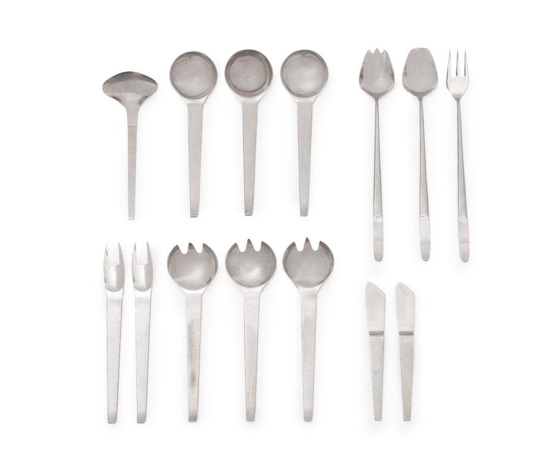 Amboss Stainless Steel Flatware, 13 Pcs.: Set of 13 Amboss Stainless Steel Flatware Pieces, comprising: (3) three pasta spoons, (3) serving spoons, (1) one ladle, (2) meat forks, each marked "Amboss / Austria / 18/8" to handle and (2) cheese 