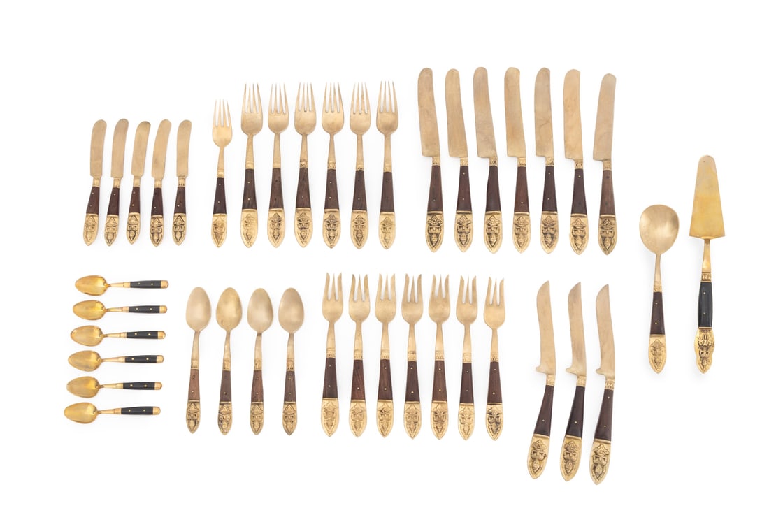 Thai Wood & Gilt Metal Flatware Service, 41 Pcs. (1 of 12)