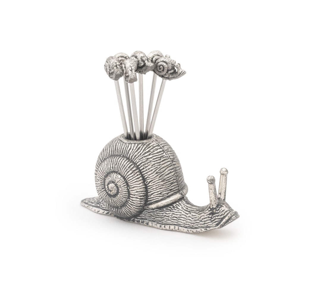 Spanish Pewter Escargot Cocktail Pick Set, 7 Pcs.: Spanish Pewter Escargot Seven-Piece Cocktail Pick Set, comprising (6) six cocktail forks with snail handle and snail form holder, marked "Spain". Overall: 3.25" H x 3.75" W x 1.75" D. Provenance: The 