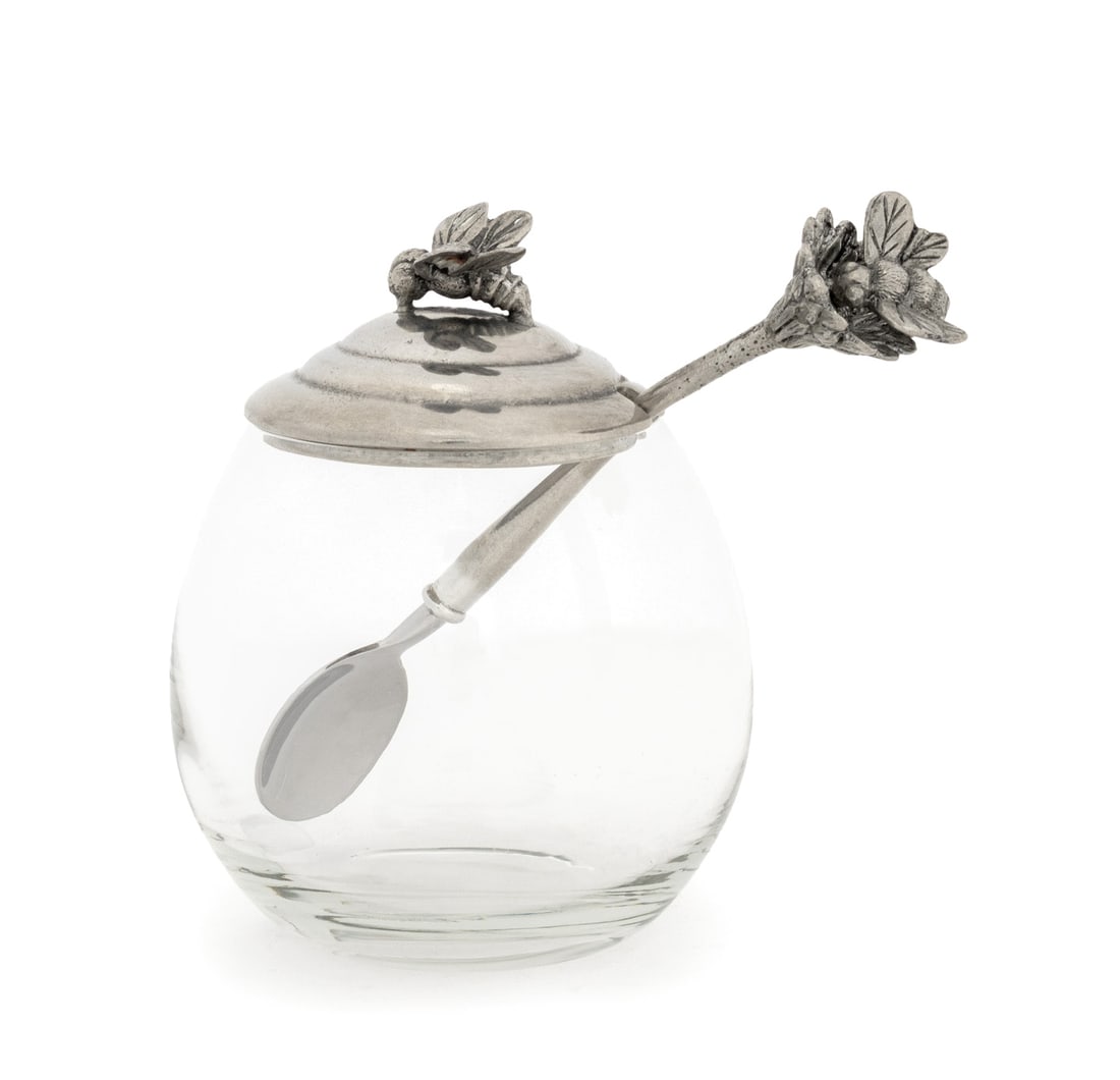 Vagabond House Bee Motif Honey Pot: Vagabond House Pewter and Glass Bee Motif Honey Pot, the spoon with bee finial and bee knop. 3.25" H x 4.5" W x 3.75" D. Provenance: From a 45 Sutton Place South Estate. Keywords: Vintage, Tableware,