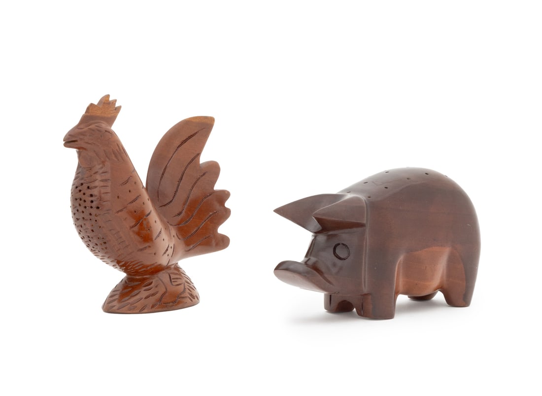 Vintage Animal Form Wood Toothpick Holders, 2: Group of Two Vintage Animal Form Carved Wood Toothpick Holders, one a roster and one a pig. Taller: 6" H x 7" W x 2" D. Provenance: From a West End Avenue Collection. Keywords: Tableware, Carvings,