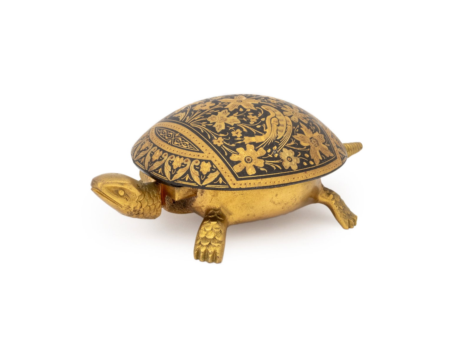 BOJ Gilt Floral Etched & Brass Turtle Form Bell: BOJ Gilt Floral Etched and Brass Turtle Form Hotel Desk Bell, marked to underside. 2.25" H x 5.75" W x 3.25" D. Provenance: From a New York City Collection. Keywords: Desk accessories, Front desk
