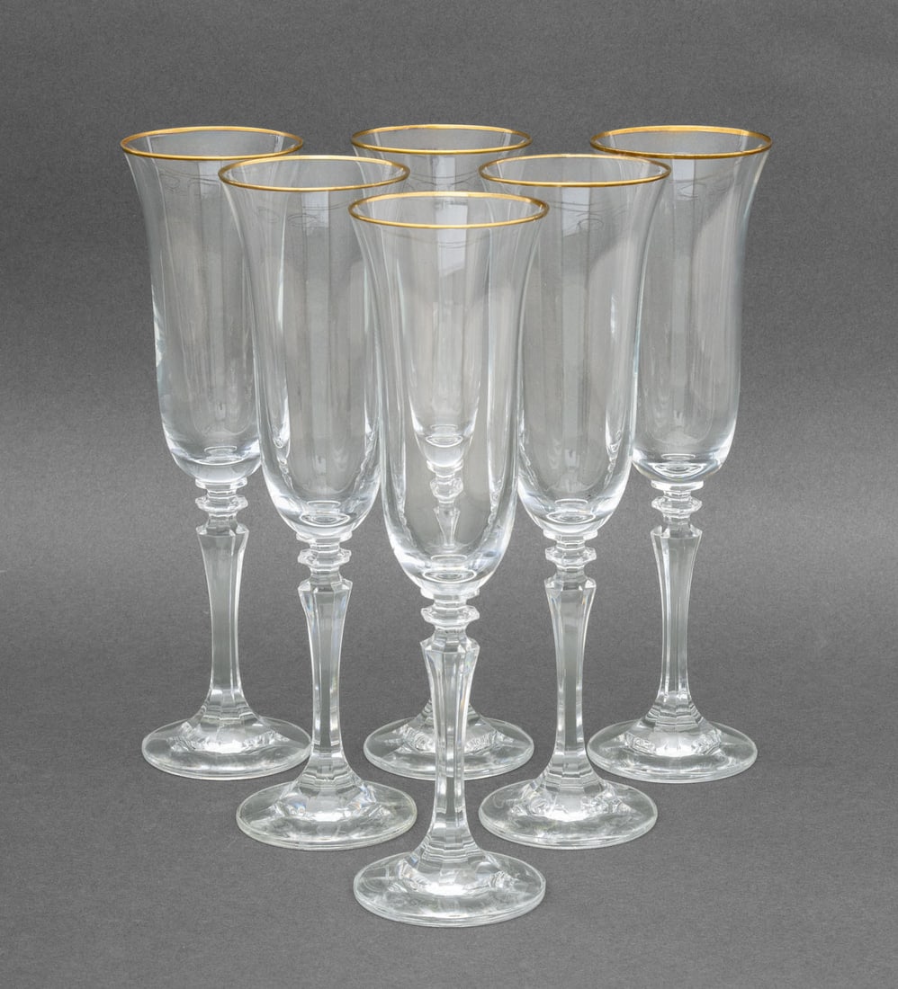 Gilt Rimmed Crystal Champagne Flutes, 6 (1 of 8)